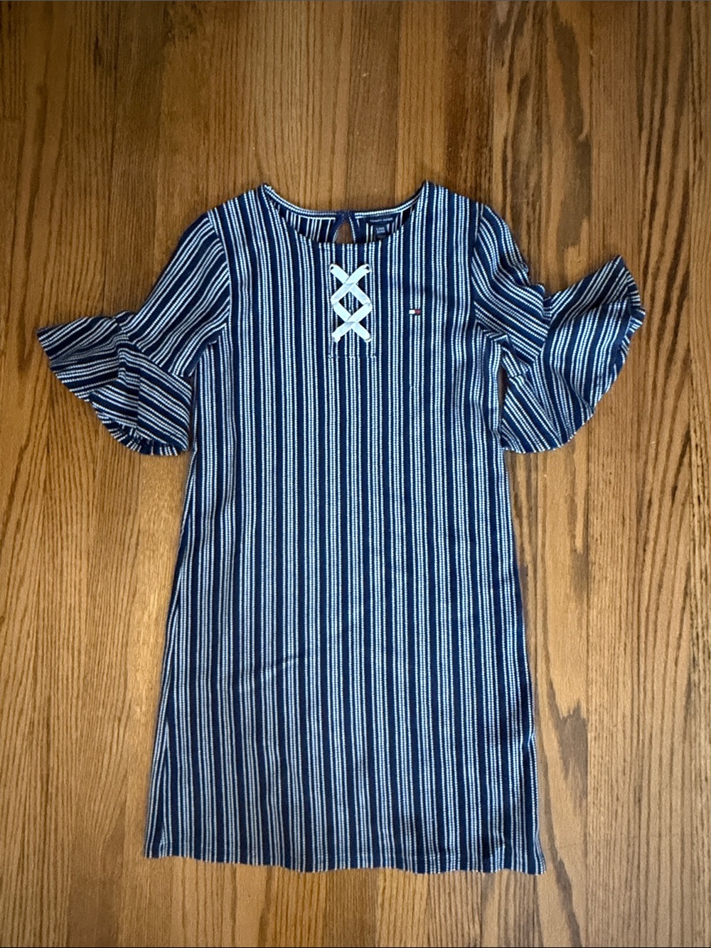 Tommy Hilfiger Girls' Navy Blue Stripe Dress with Lace-Up Detail